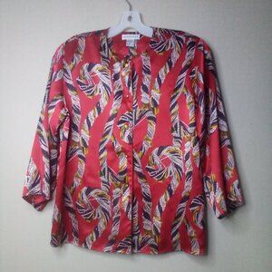 Martinique Blouse Women 10 3/4 Sleeve Button Up Pattern Red Black Gold